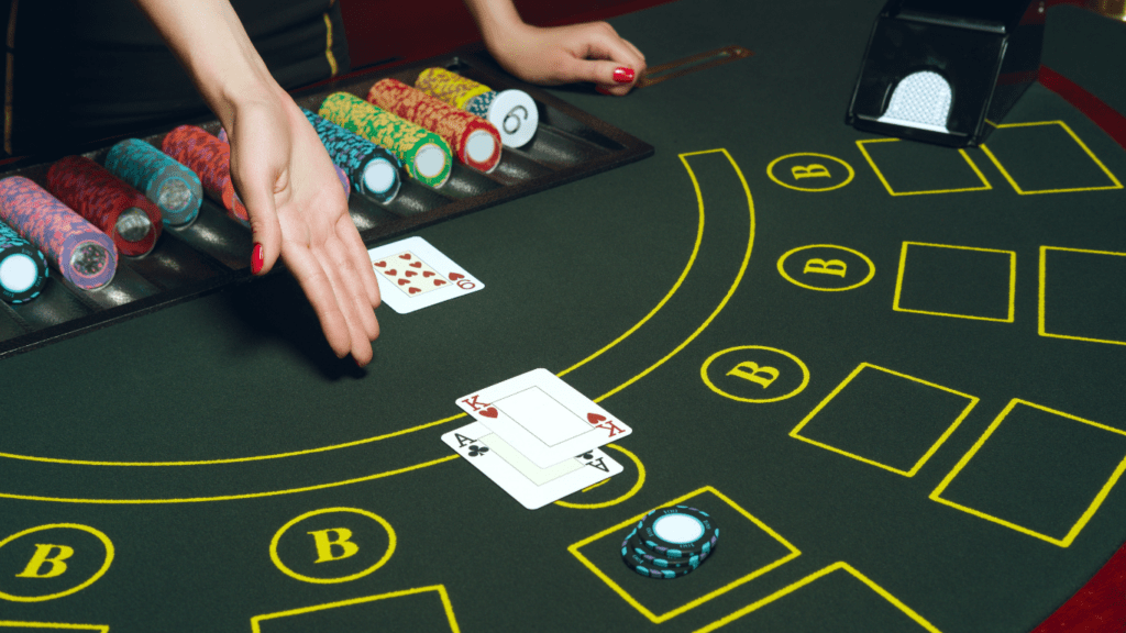 casino poker table with cards and chips